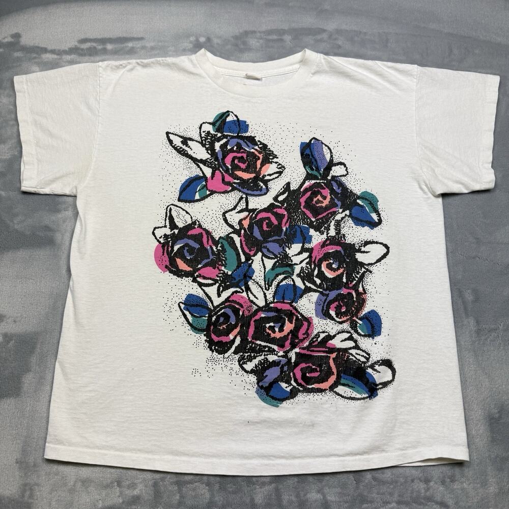 Vintage 90s Single Stitch T Shirt Neon Roses Floral Graphic Art Tee PLS READ